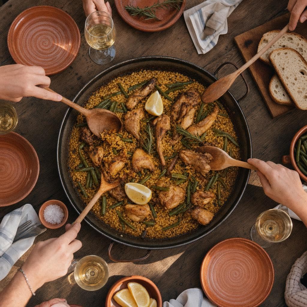 A shared paella on a long wooden table at the finca