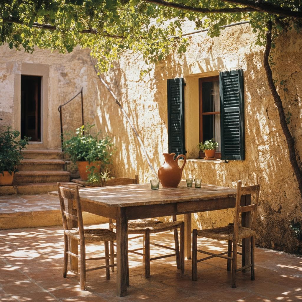 Courtyard of a Mallorcan finca with stone walls and shade