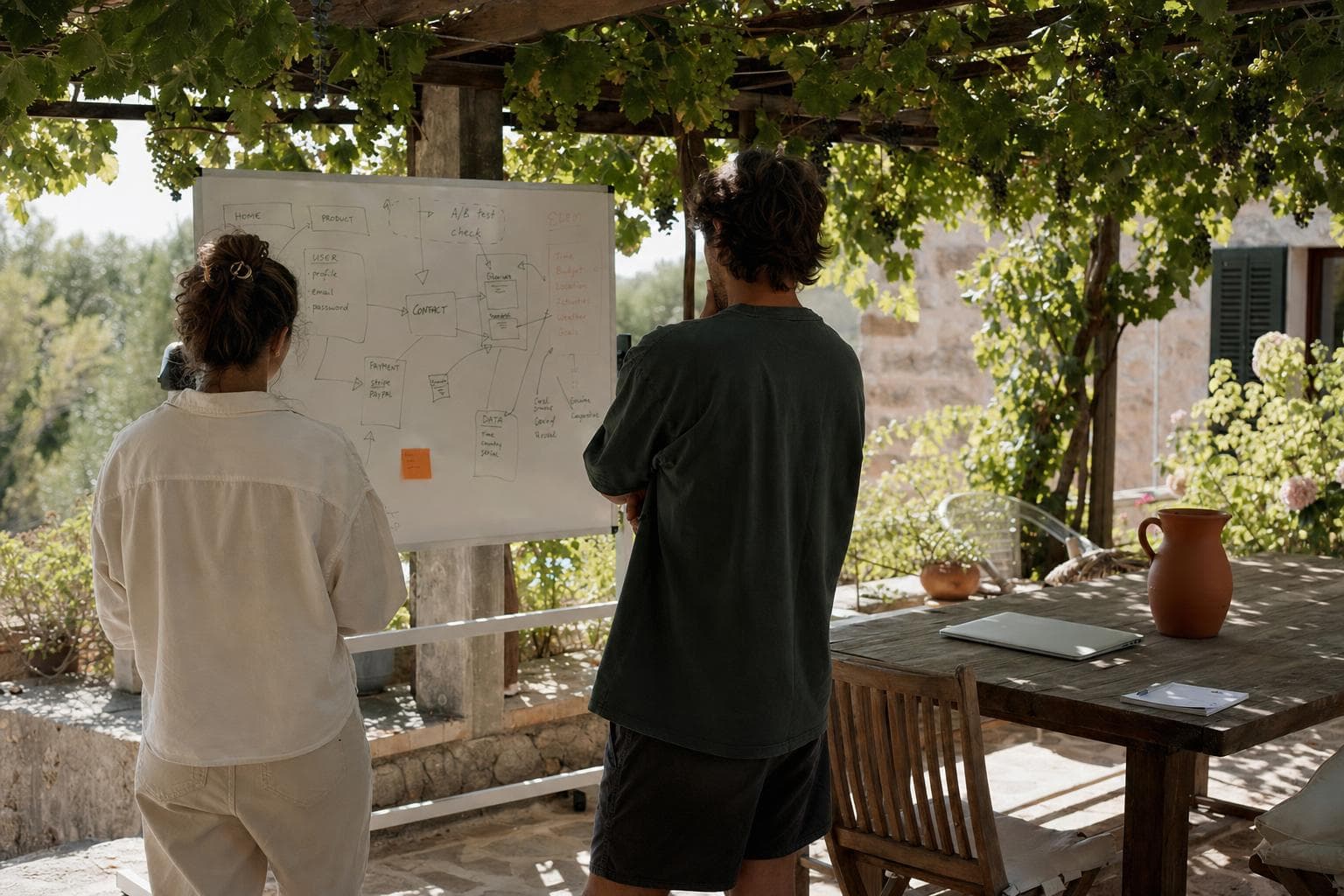 A workshop under a pergola at a finca on Mallorca, people working together