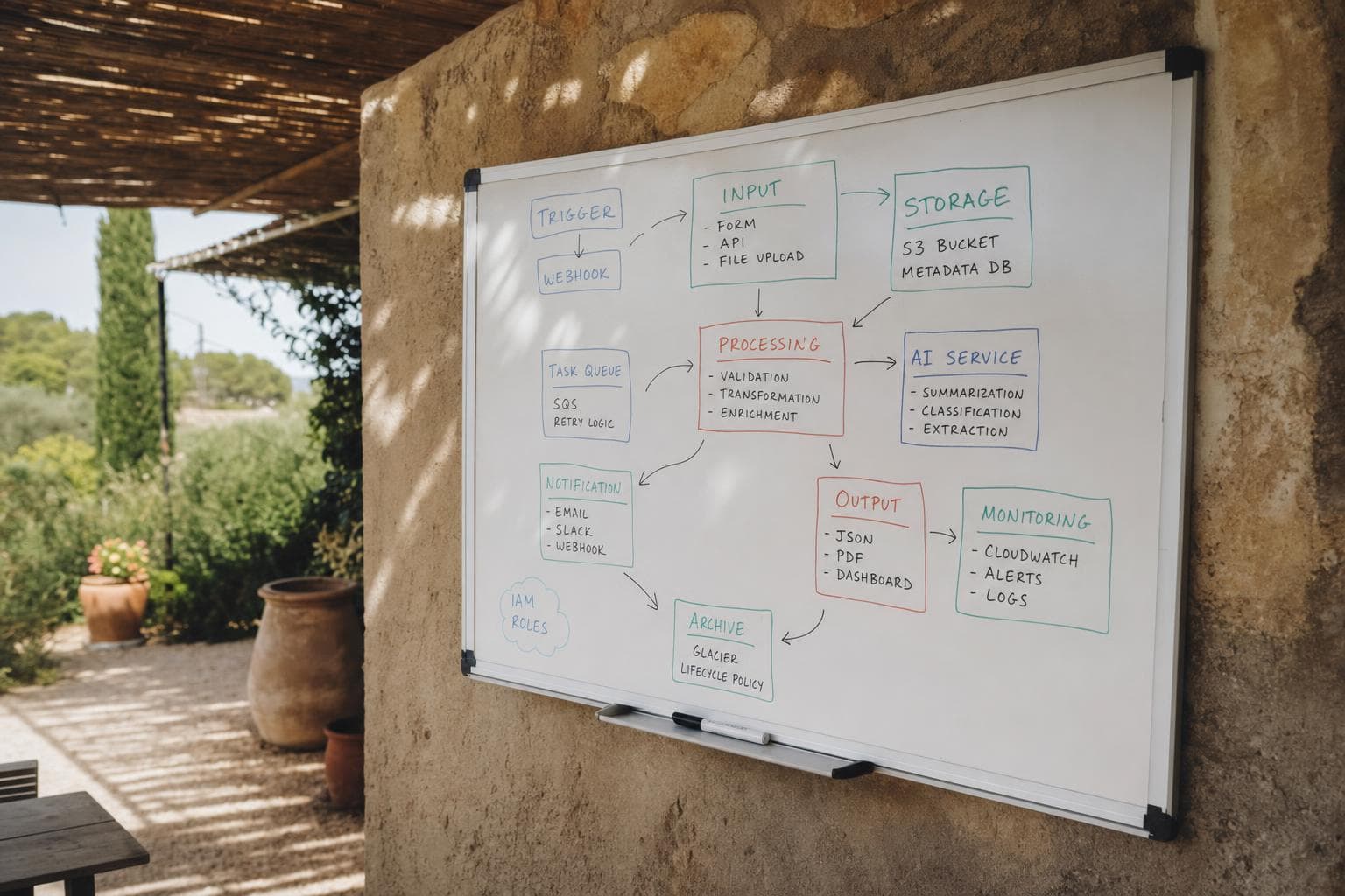 Detail of a whiteboard with a hand-drawn process diagram