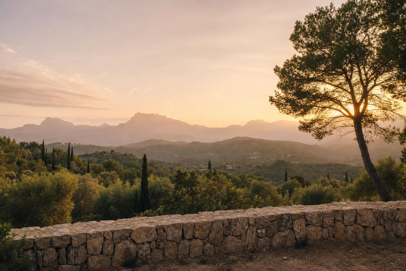 View from a finca terrace across Mallorca at sunset
