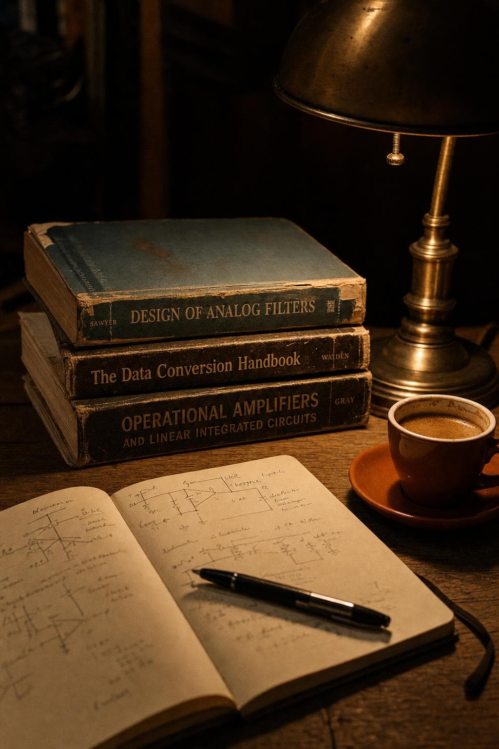 Books and a reading lamp on a wooden table in the evening