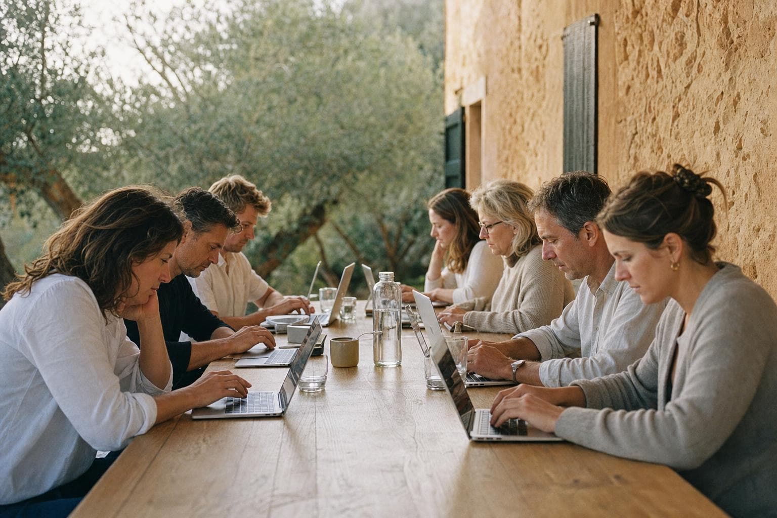 Ein Team arbeitet gemeinsam an Laptops an einem langen Holztisch auf einer Finca-Terrasse auf Mallorca