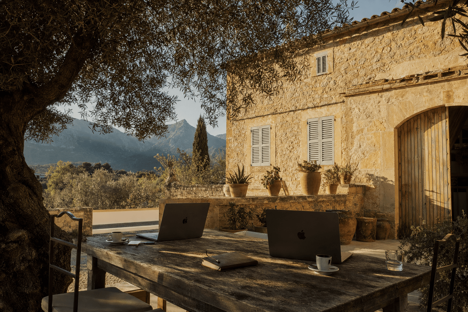 Mediterrane Finca auf Mallorca im warmen Licht des spaeten Nachmittags