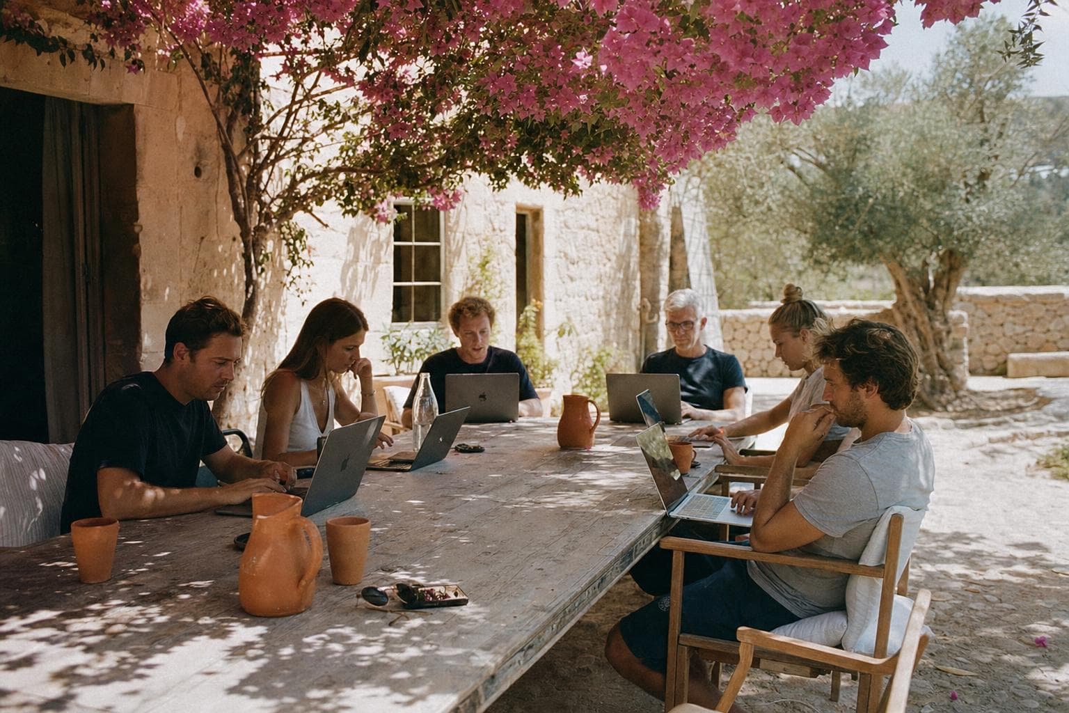 Mehrere Menschen arbeiten an Macbooks an einem langen Holztisch unter Bougainvillea auf einer Finca auf Mallorca, weiches Mittagslicht