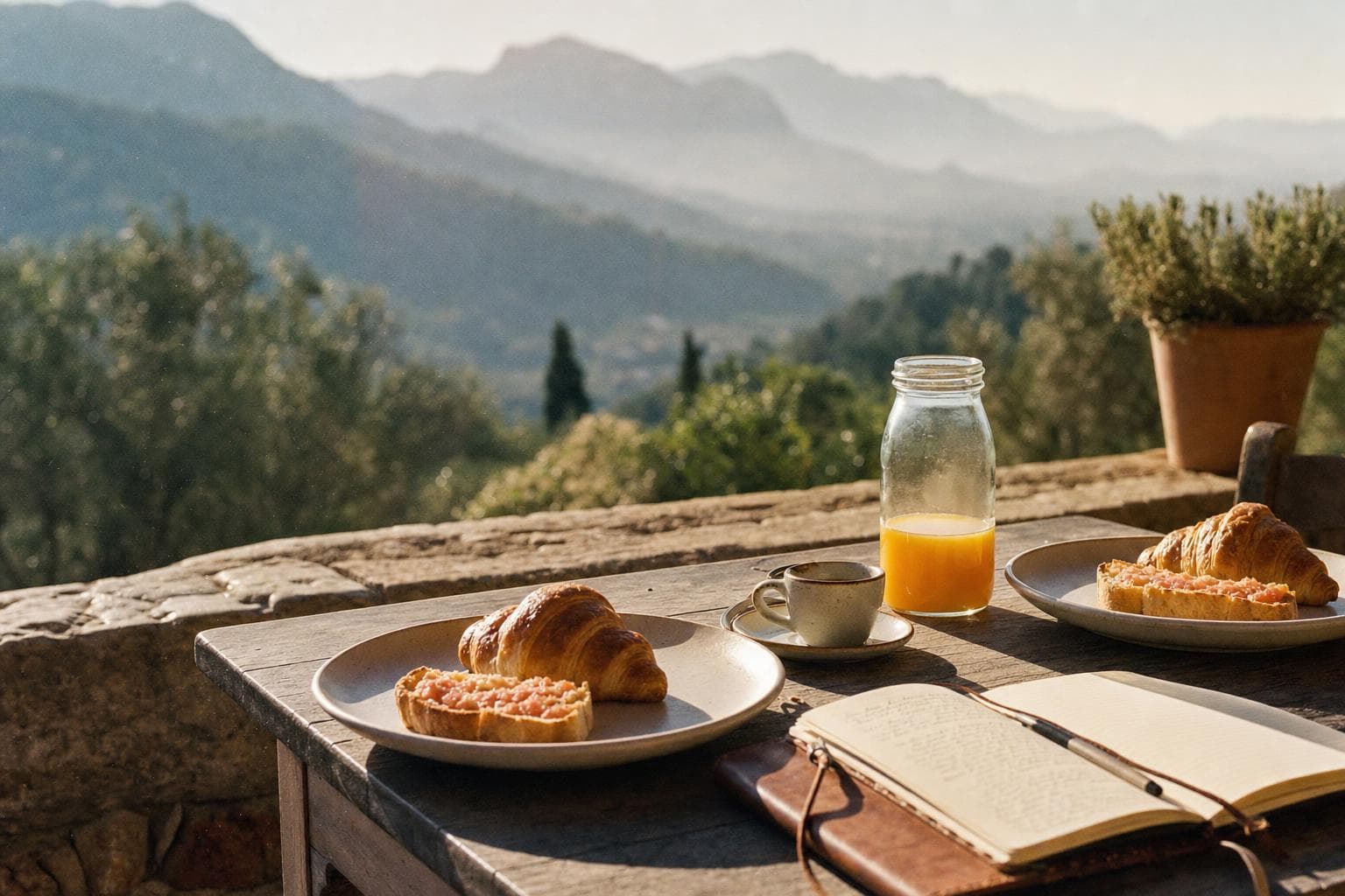 Frühstück auf der Terrasse mit Croissants, Orangensaft und Aussicht zur Tramuntana