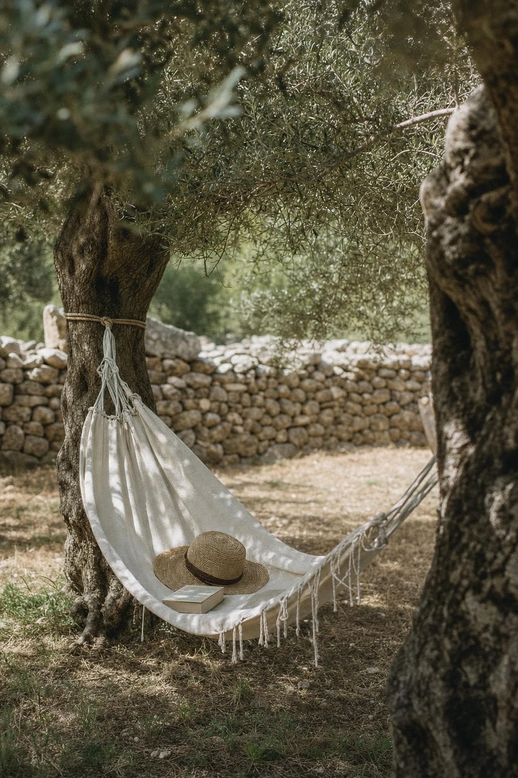 Hängematte zwischen zwei alten Olivenbäumen, Buch und Strohhut