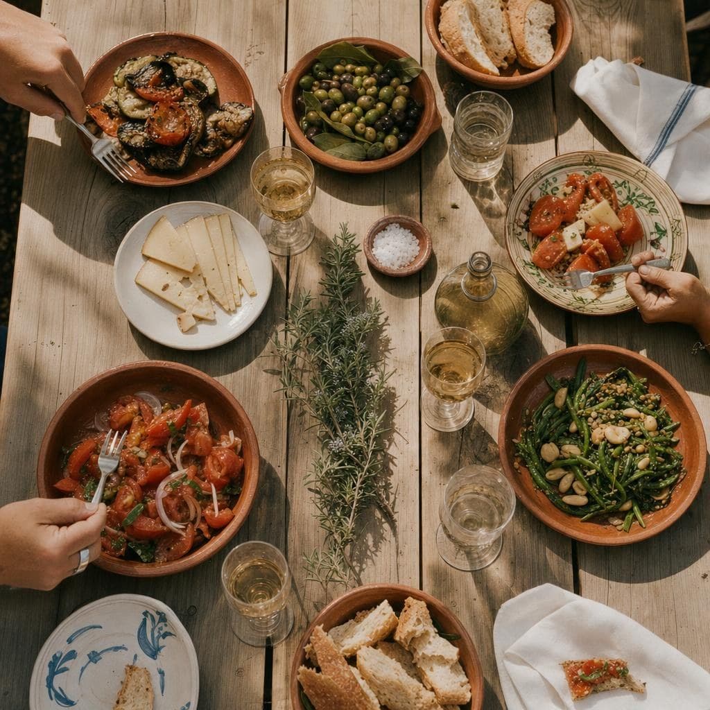 Mittagstafel von oben mit mediterranen Speisen, Wein und Händen