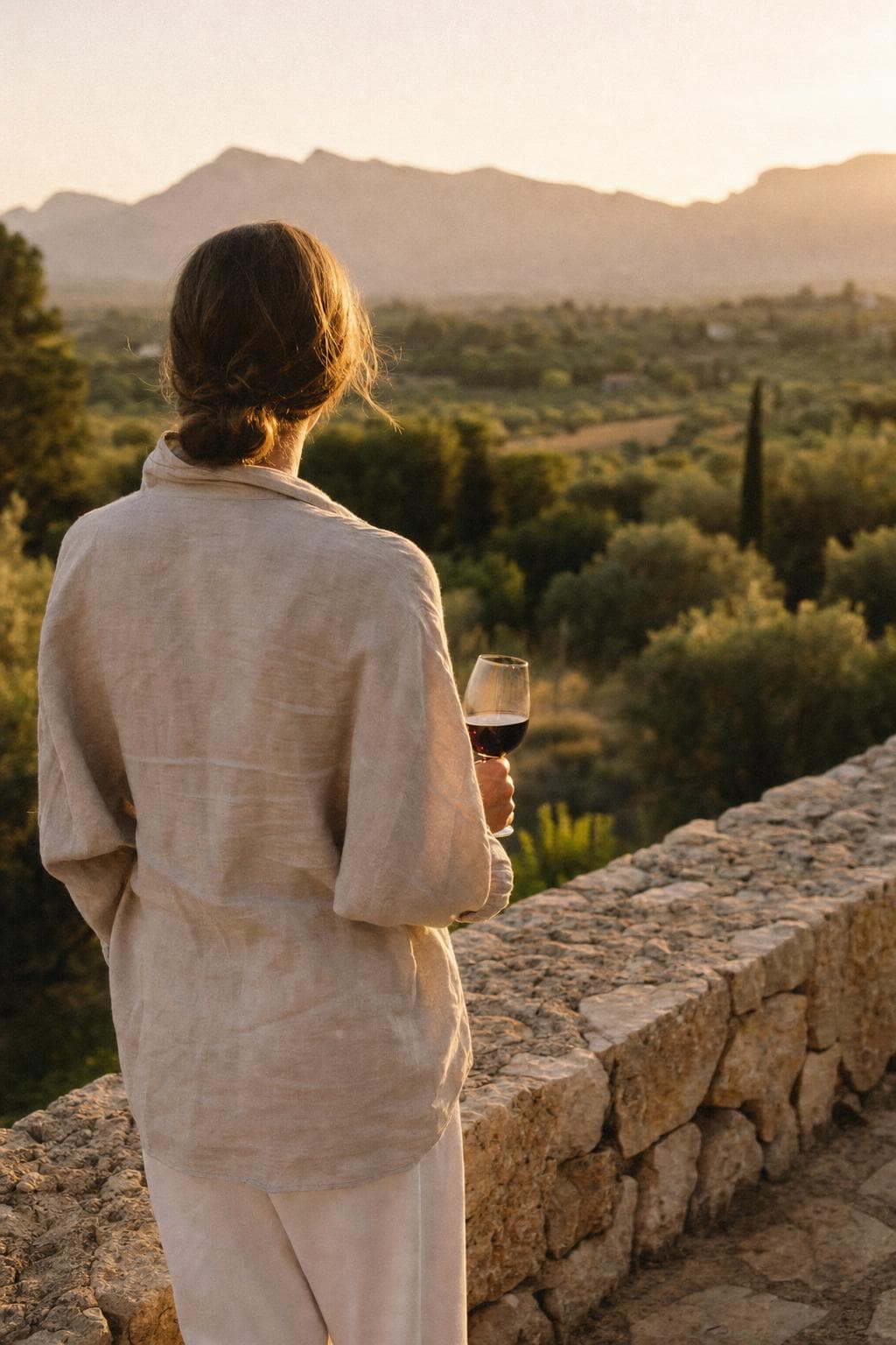 Eine Person mit Weinglas auf der Terrasse, Blick zur Tramuntana im Abendlicht