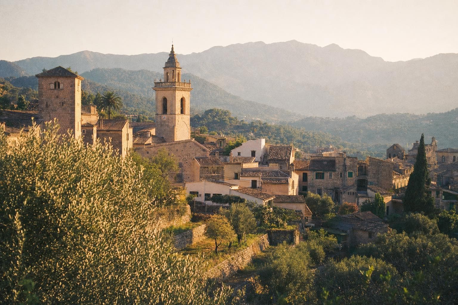Traditionelles mallorquinisches Dorf im warmen Spätlicht mit Tramuntana im Hintergrund