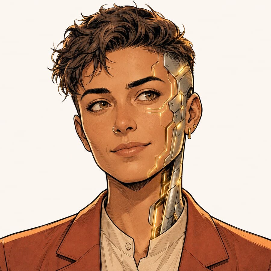 Illustriertes Porträt, halb Mensch halb Cyborg, von Bo