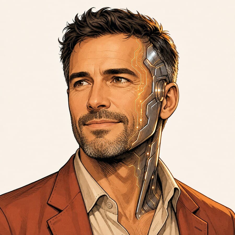 Illustriertes Porträt, halb Mensch halb Cyborg, von Matthias Meyer