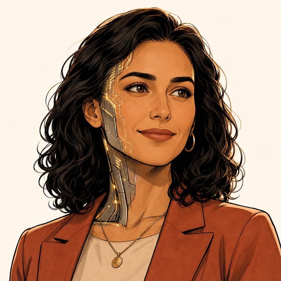 Illustriertes Porträt, halb Mensch halb Cyborg, von Vanessa